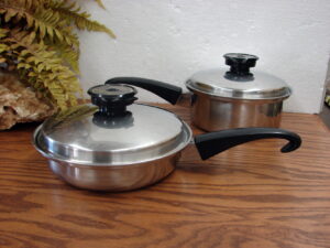 Set/2 Vintage Seal-O-Matic 5 Ply Thermium Multi-Plex Stainless Steel Sauce Pan Skillet w/ Vapo Lids