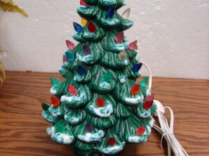 Small Vintage Ceramic Christmas Tree Light Up Multi Color Bulbs w/ Base 11" Holland Mold