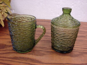Vintage MCM Avocado Green Anchor Hocking Soreno Creamer and Sugar Bowl w/ Lid
