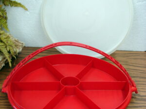 Vintage Tupperware #405 Red Vegetable Relish Lazy Susan Divided Tray with #224 Lid & Handle