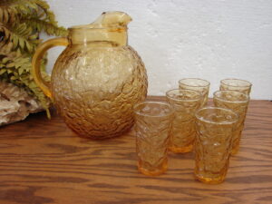Vintage Anchor Hocking MCM Lido Milano Honey Amber Glasses Pitcher Juice Set