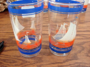 Set/6 Vintage Anchor Hocking Sailboat Nautical Juice Glass Set Blue Orange