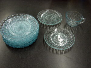 Vintage Anchor Hocking Sapphire Blue Bubble 9 Salad Plates Saucer Cup