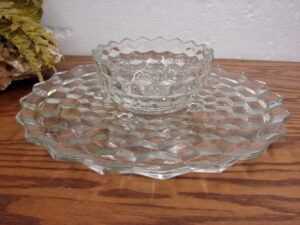 2 pc. Vintage Crystal Fostoria American Cubist 12" Footed Platter w/ Dip Bowl Chip Dip Veggies