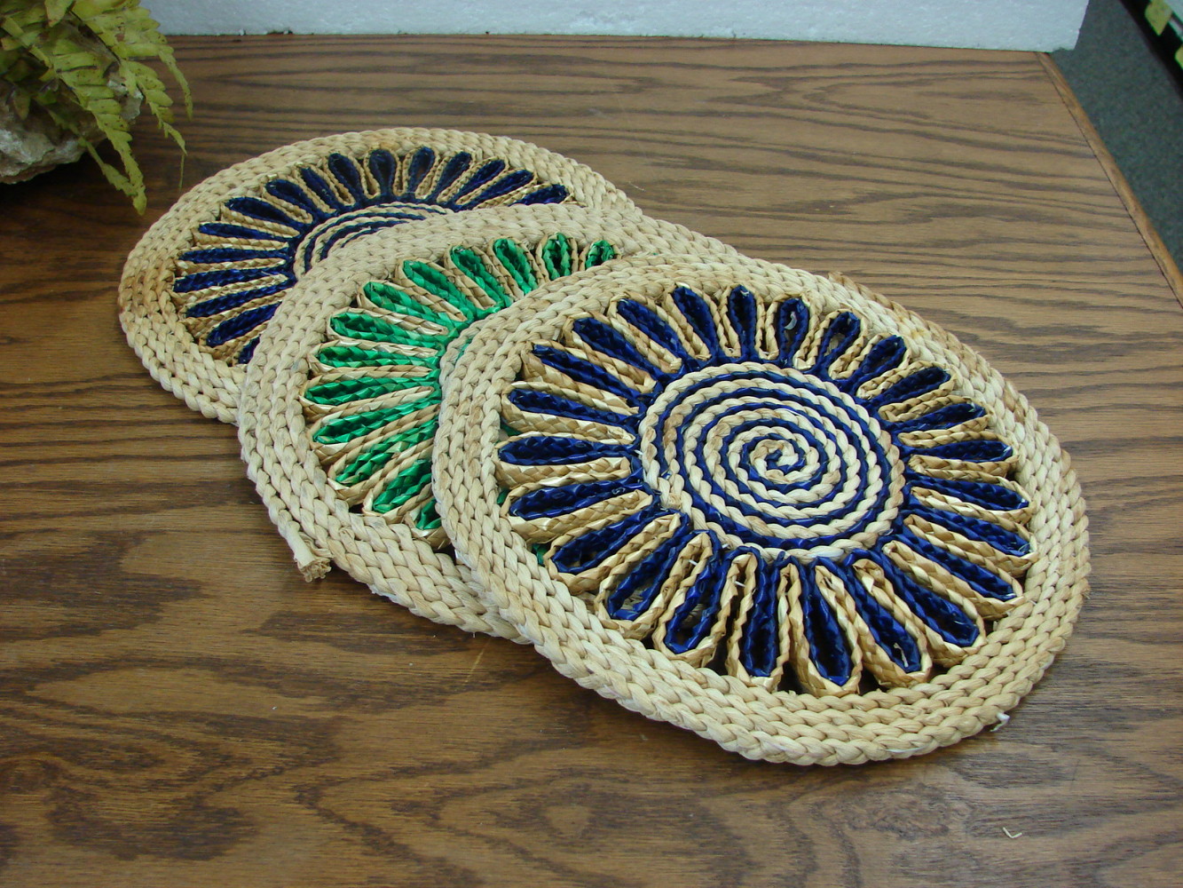Set/3 Boho Vintage Matching Pattern Raffia Woven Straw Trivet Hot Pad Navy Blue Green