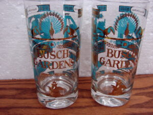 Set/2 Anheuser Bush Gardens Souvenir Drinking Glasses Aqua & Gold 12 Oz Tampa Florida
