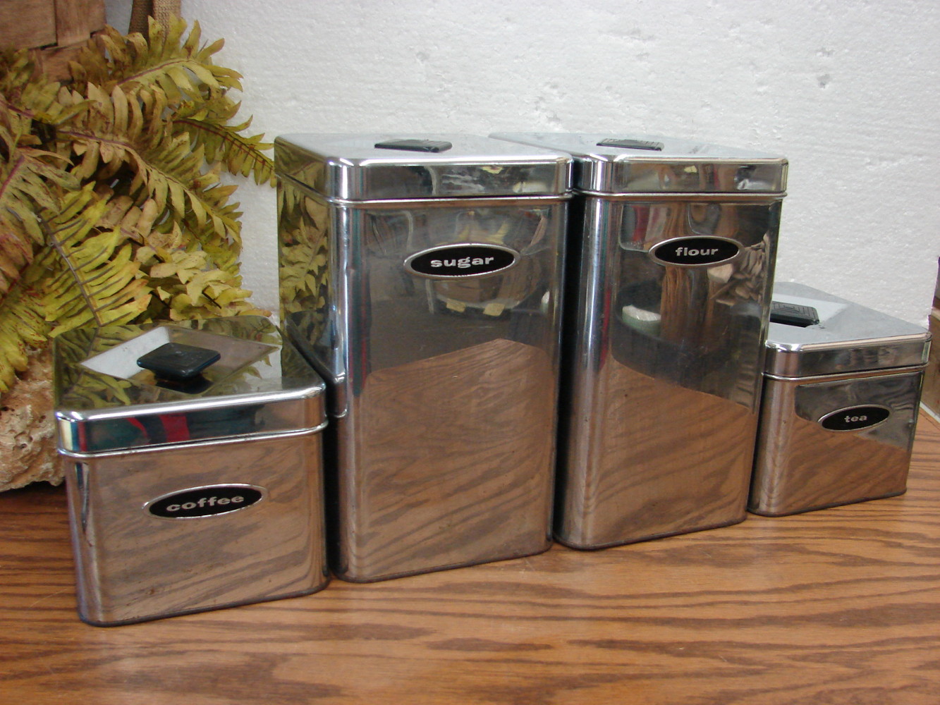 Set/4 Vintage Canette Chrome Art Deco Diamond Knob Canister Set MCM - Image 2