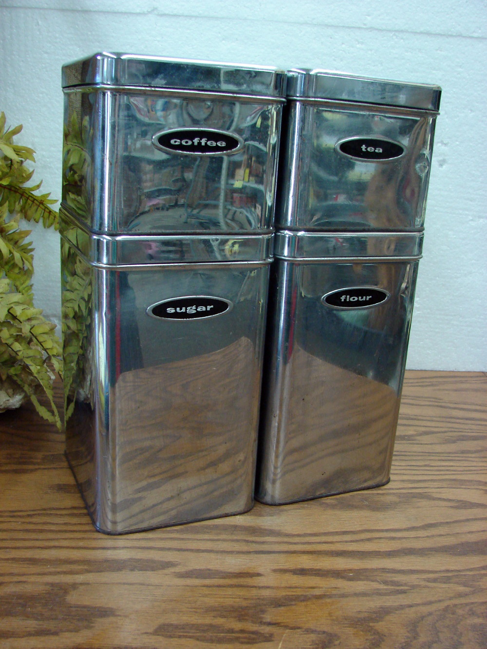 Set/4 Vintage Canette Chrome Art Deco Diamond Knob Canister Set MCM