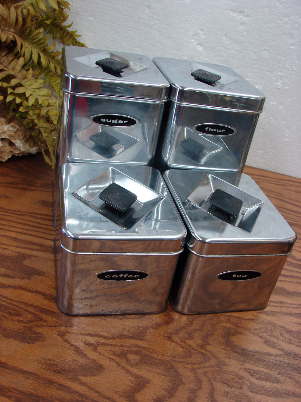 Set/4 Vintage Canette Chrome Art Deco Diamond Knob Canister Set MCM - Image 3