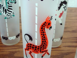 Set/7 Vintage 1950's Libbey Frosted Carousel Circus Ice Tea Glasses 7"