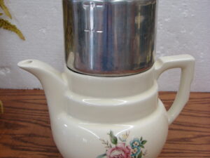 Vintage Enterprise Aluminum Drip-O-lator Porcelain Coffee Pot Pink Blue Flowers Gold Lettering