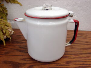 Vintage Red White Enamelware Coffee Server Tea Pot Glass Knob