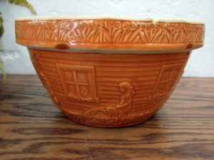Vintage Robinson Ransbottom Girl Watering Stoneware Bowl #166 Orange 9"