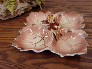 Vintage MCM Golden Acorn Accessories 4 Part Divided Dish Ceramic Japan Gold Trim Leaf Acorn