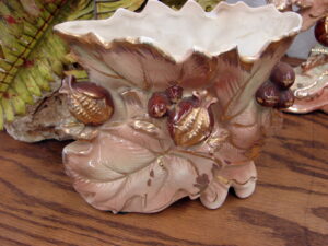 Vintage MCM Golden Acorn Accessories Small Vase w/ Label Ceramic Japan Gold Trim Leaf Acorn