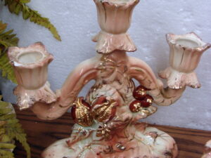 Vintage MCM Golden Acorn Accessories Double Candle Holder Ceramic Japan Gold Trim Leaf Acorn