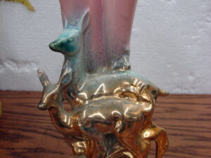 Vintage Hull Art Pottery Doe and Fawn Deer Vase w/ 22k Gold Trim