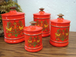 Set/4 Vintage Nesting 1970's Kromex Canister Set Orange Bird Floral Aluminum