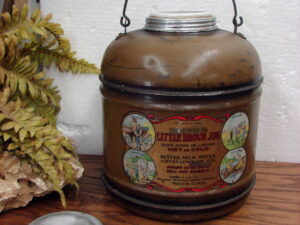 Vintage Porcelain Lined Insulated Metal Little Brown Jug w/ Label 2 Gallon