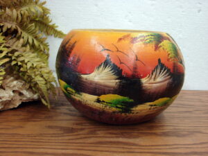 Vintage Primitive Mexican Clay Flower Pots Hand Painted Tropical Mountain Scene