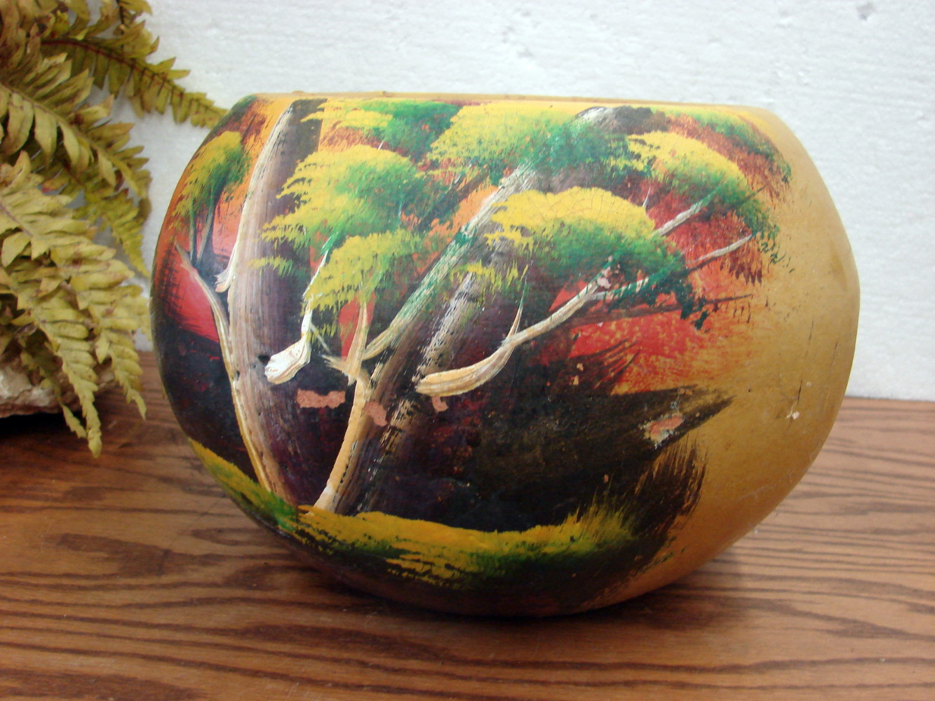 Vintage Primitive Mexican Clay Flower Pots Hand Painted Tropical Mountain Scene - Image 2