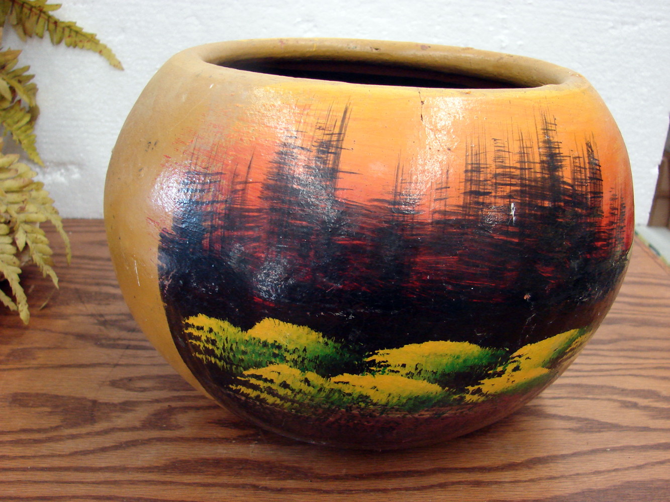 Vintage Primitive Mexican Clay Flower Pots Hand Painted Tropical Mountain Scene - Image 3