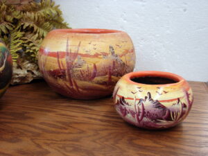 Set/2 Vintage Primitive Mexican Clay Flower Pots Hand Painted Desert Scene