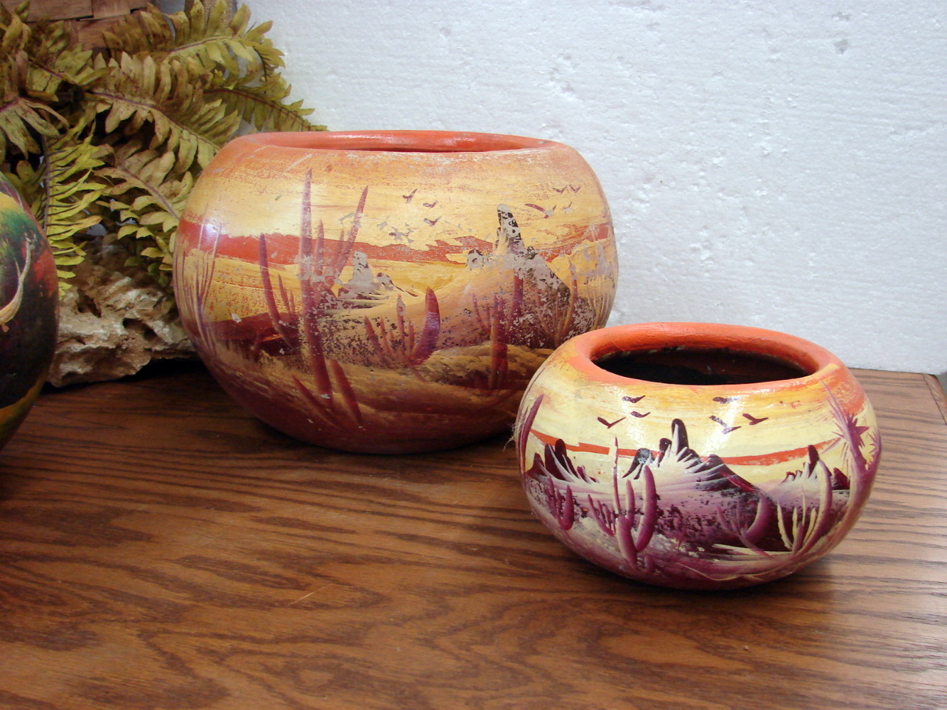 Set/2 Vintage Primitive Mexican Clay Flower Pots Hand Painted Desert Scene