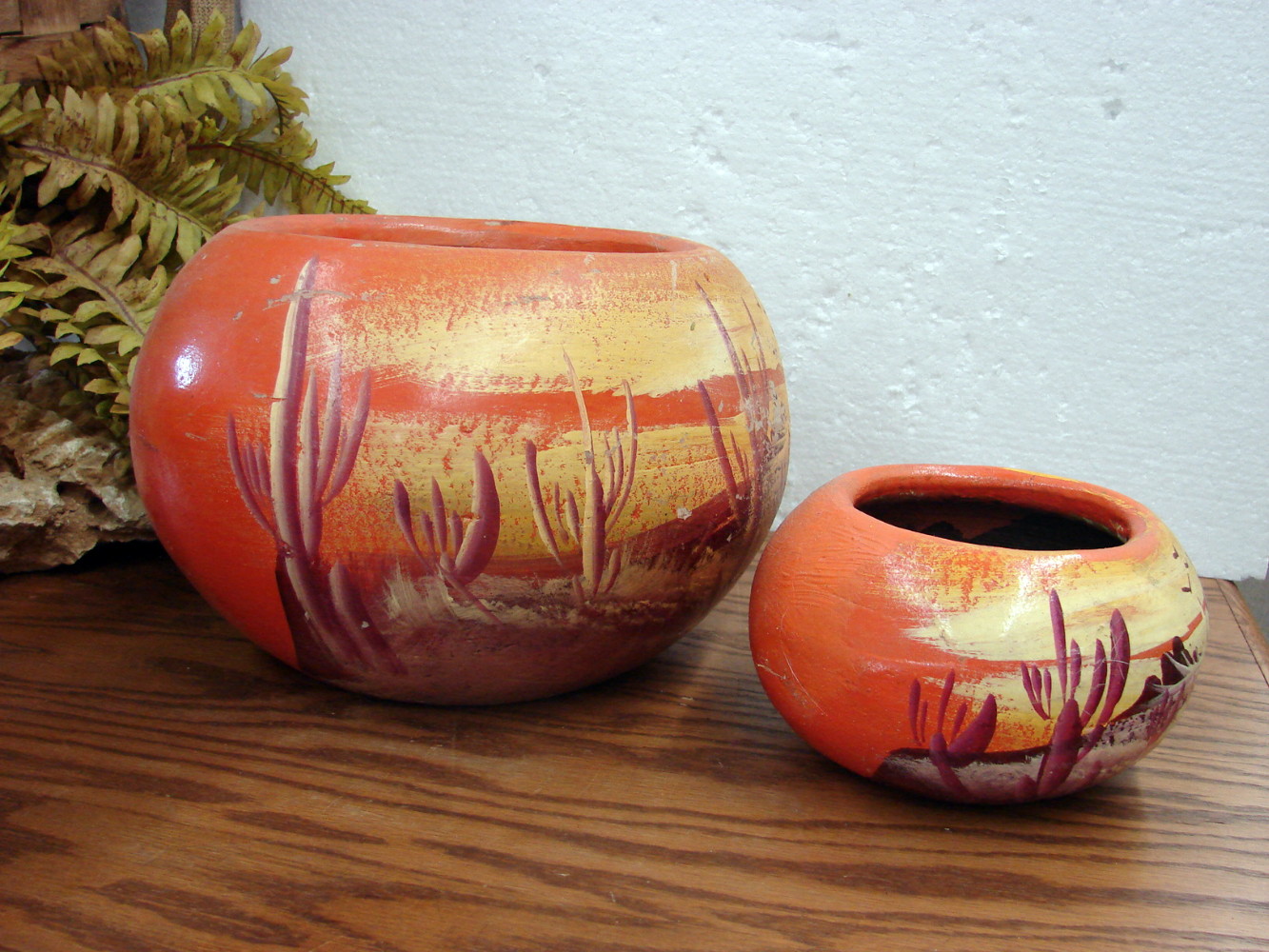 Set/2 Vintage Primitive Mexican Clay Flower Pots Hand Painted Desert Scene - Image 2