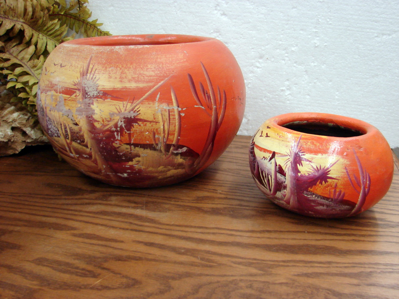 Set/2 Vintage Primitive Mexican Clay Flower Pots Hand Painted Desert Scene - Image 3