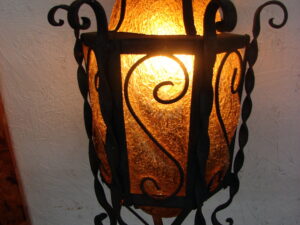 Vintage as is Amber Craquelle Glass Wrought Iron Hanging Swag Lamp Mexico Spanish Revival