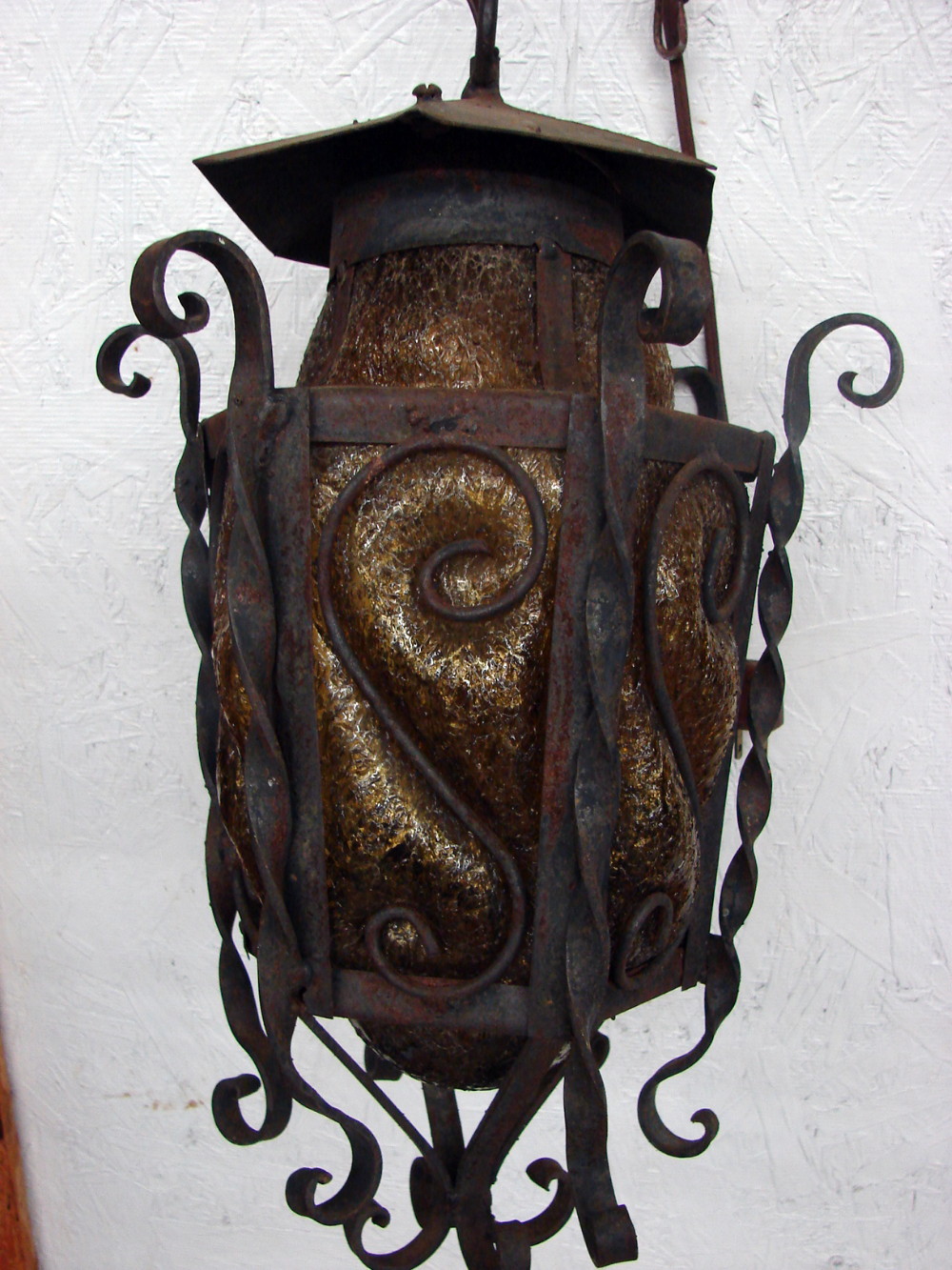 Vintage as is Amber Craquelle Glass Wrought Iron Hanging Swag Lamp Mexico Spanish Revival - Image 2