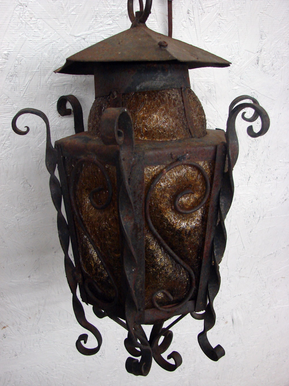 Vintage as is Amber Craquelle Glass Wrought Iron Hanging Swag Lamp Mexico Spanish Revival - Image 3