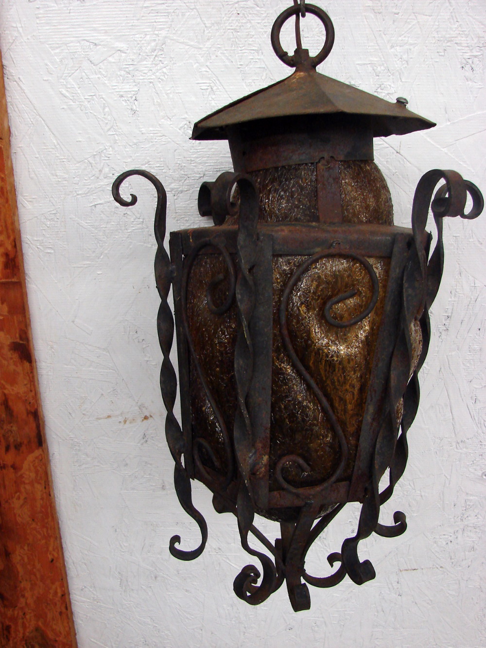 Vintage as is Amber Craquelle Glass Wrought Iron Hanging Swag Lamp Mexico Spanish Revival - Image 6