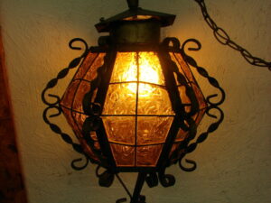 Vintage Large Bulbous Amber Craquelle Glass Wrought Iron Hanging Swag Lamp Mexico Spanish Revival