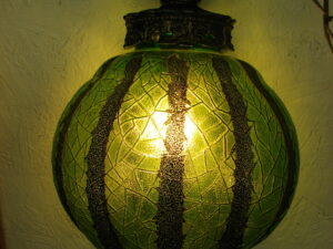 Vintage Large Bulbous Green Craquelle Watermelon Glass Hanging Swag Lamp Mexico