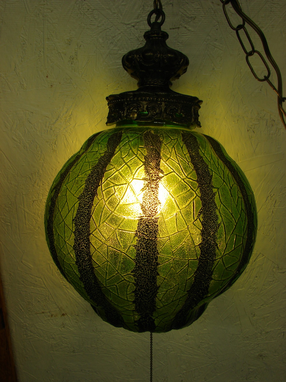 Vintage Large Bulbous Green Craquelle Watermelon Glass Hanging Swag Lamp Mexico