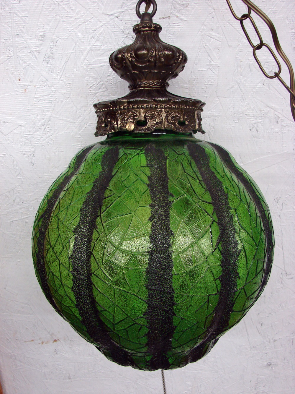 Vintage Large Bulbous Green Craquelle Watermelon Glass Hanging Swag Lamp Mexico - Image 2