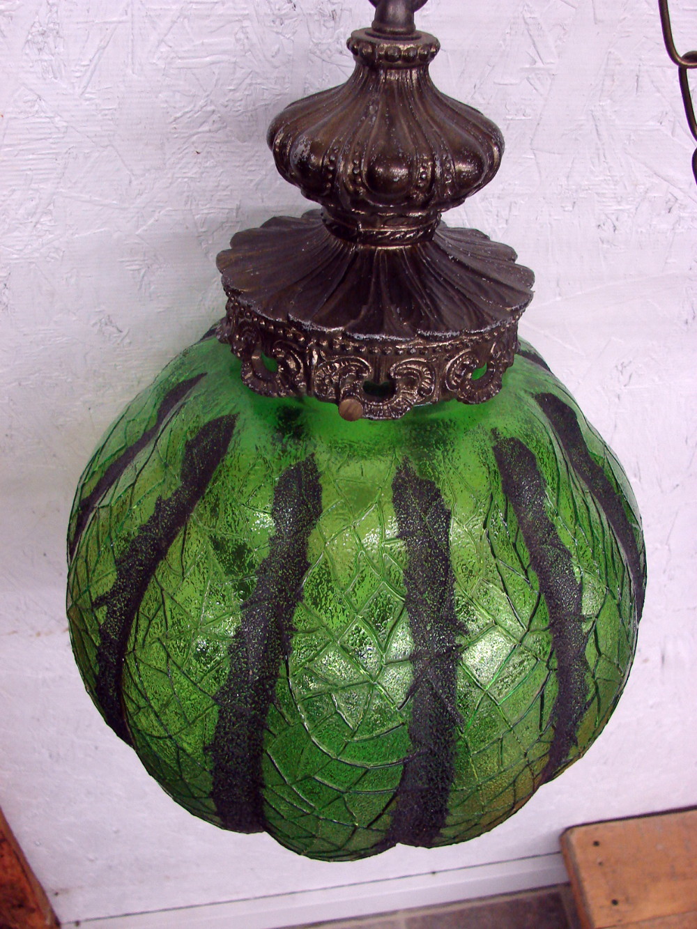 Vintage Large Bulbous Green Craquelle Watermelon Glass Hanging Swag Lamp Mexico - Image 3