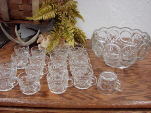 Vintage 1940's Franciscan Tiffin Moon and Stars Punch Bowl Set 17 Punch Cup Mugs