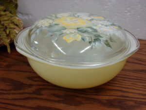 Unique Vintage PYREX Lemon Yellow #024 Round Casserole w/ Matching Hand Painted Roses Lid