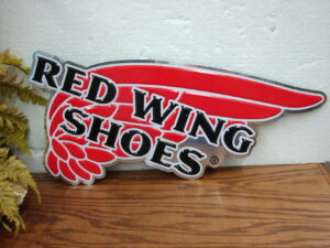 Vintage Red Wing Shoe Wing Shaped Dealer Sign Embossed Tin w/ Bracket