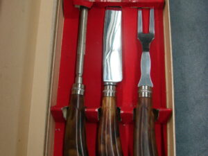 Vintage England Regent Sheffield 3 Pc Meat Carving Curved Handle Set in Box Lustrex