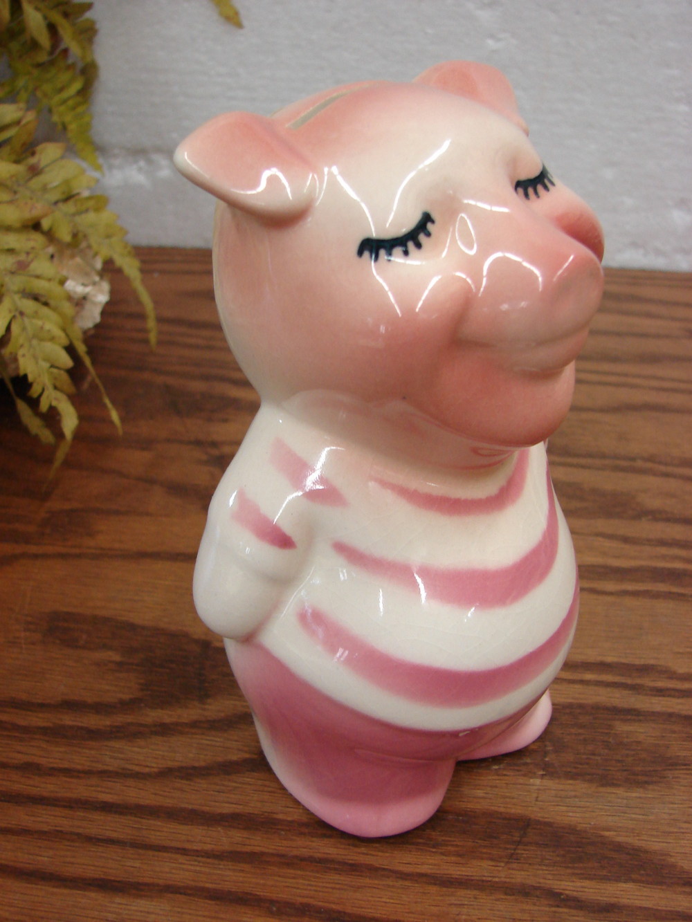 Vintage Royal Copley Pottery Pig Bank Striped Pink Shirt Nice Piggie Bank