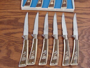 Vintage England Regent Sheffield Hostess and Steak Knife Set Brown Ivory Flowers