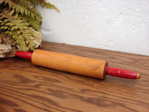 Vintage Wood Rolling Pin Primitive Small Sized Red Handles 16"