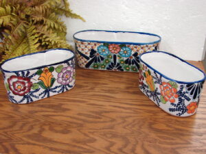 Set/3 TALAVERA Pottery Mexico Planters Hand Painted Flowers Oblong