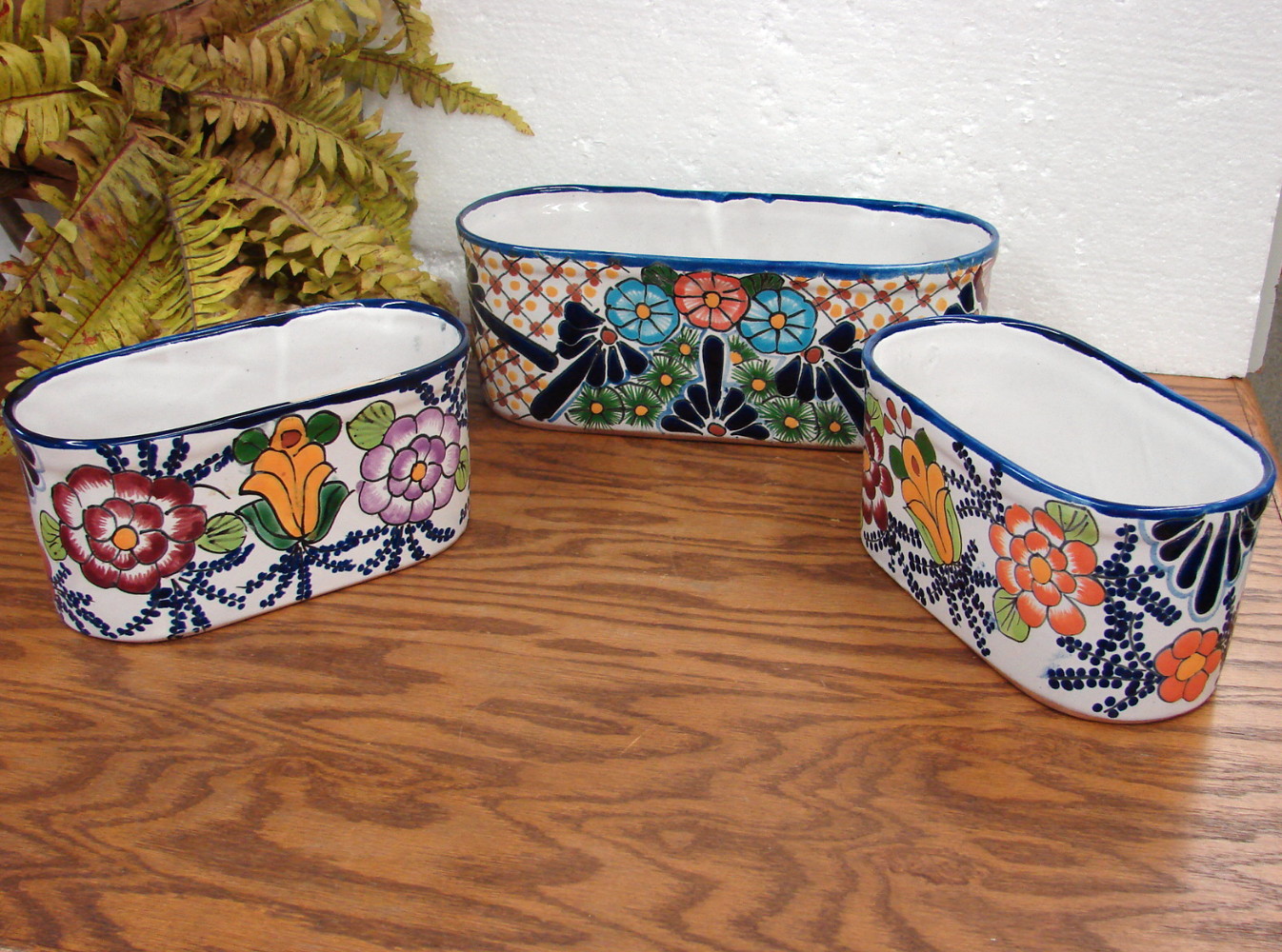 Set/3 TALAVERA Pottery Mexico Planters Hand Painted Flowers Oblong