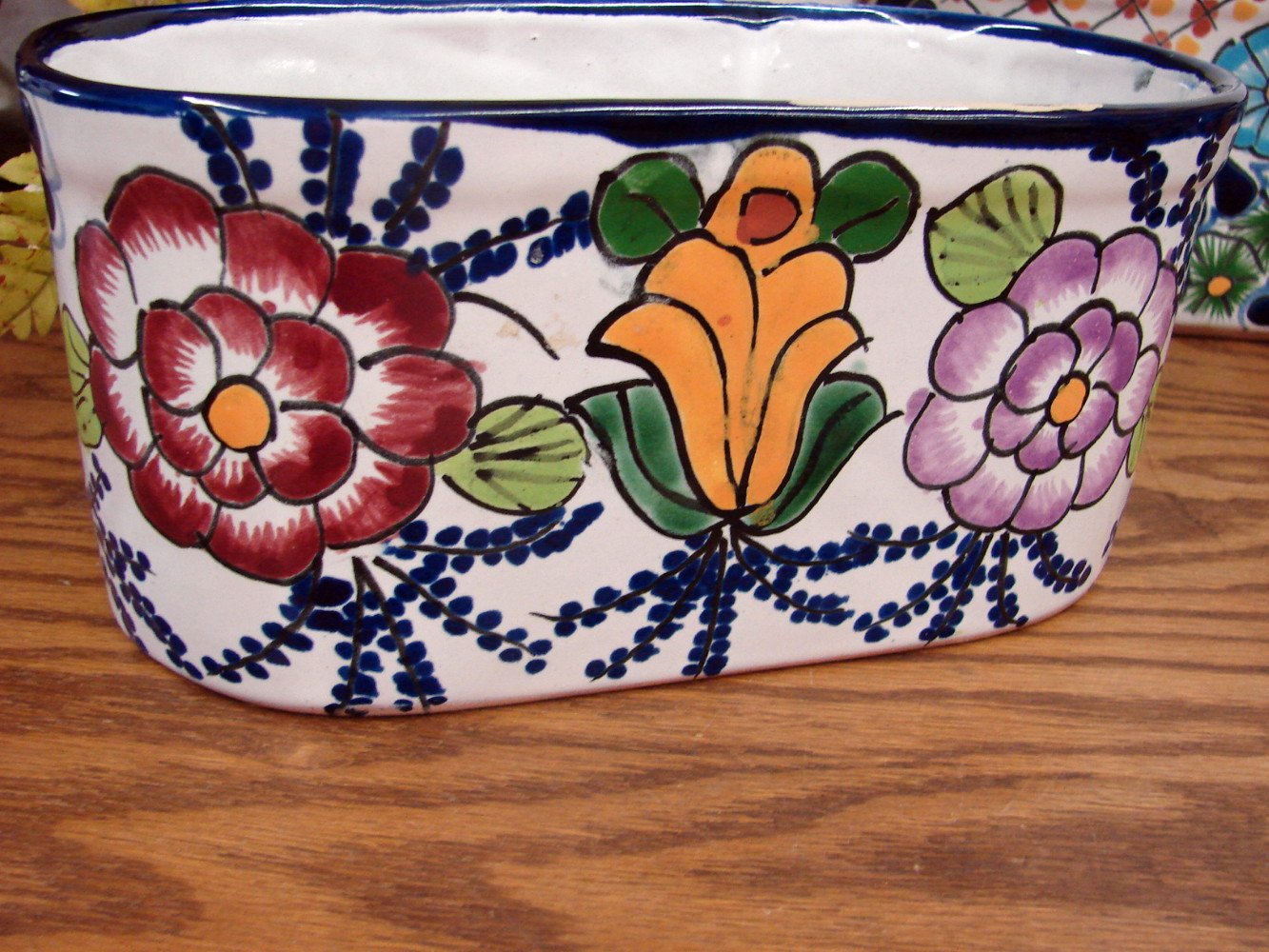 Set/3 TALAVERA Pottery Mexico Planters Hand Painted Flowers Oblong - Image 2