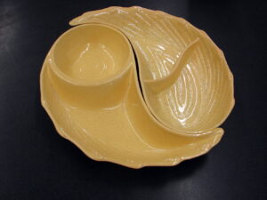 Vintage California Pottery MCM Ying Yang Yellow Chip Dip Serving Set
